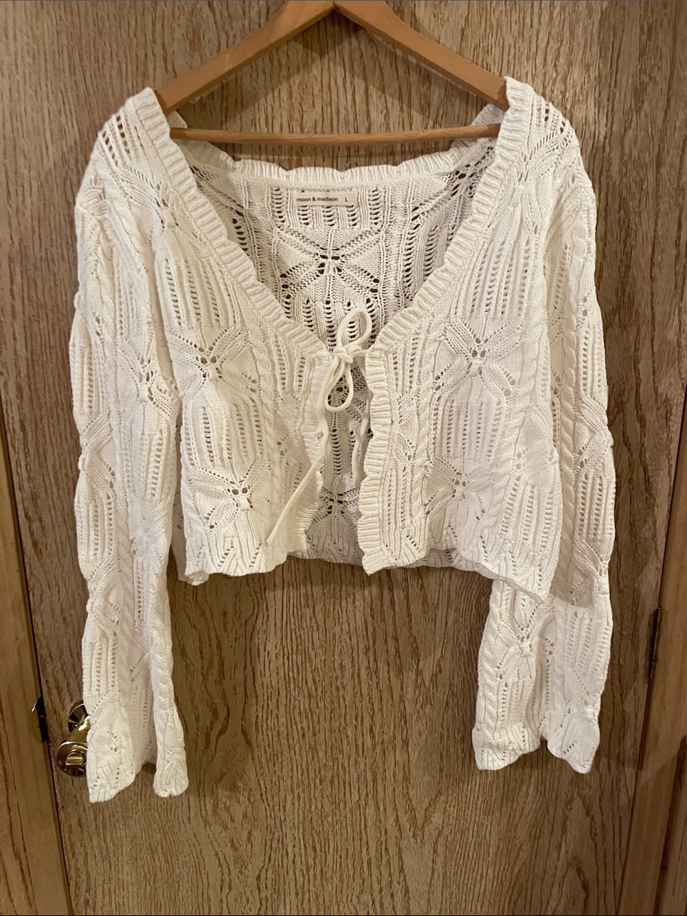 moon & madison Cream Lace-Knit Tie-Front Cardigan